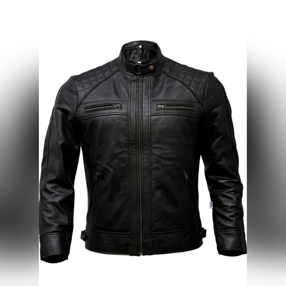 Men's Quilted Black Leather Bomber Jacket